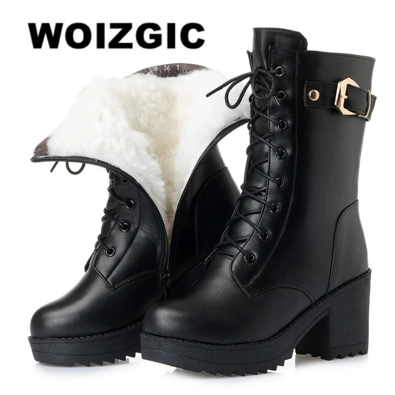 WOIZGIC Female Mother Ladies Women's Snow Genuine Leather Ankle Shoes Boots Warm Fur Plush Wool Zipper Lace Motorcycle Mid Calf