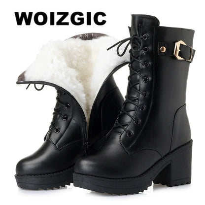 WOIZGIC Female Mother Ladies Women's Snow Genuine Leather Ankle Shoes Boots Warm Fur Plush Wool Zipper Lace Motorcycle Mid Calf