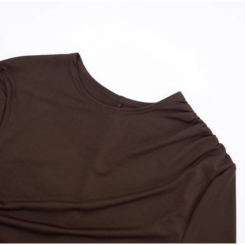 Women Fashion Pleated Bodycon Dress Sexy O-neck Long Sleeve Waist-cinching Irregular Mini Dresses 2026 Lady Chic Party Club Robe