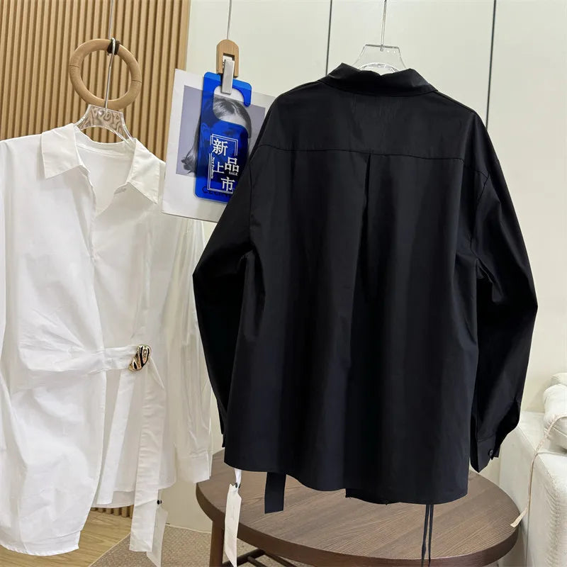 Women's White Shirt Casual Long Sleeve New Loose Buttoned Pleated Solid Color Irregular Lapel Blouses Tops for Female