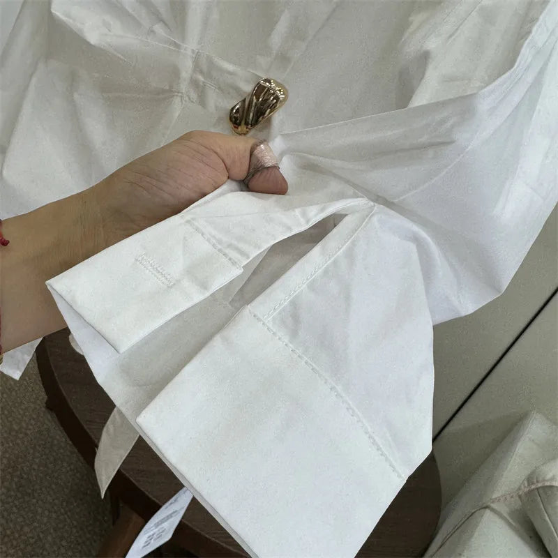 Women's White Shirt Casual Long Sleeve New Loose Buttoned Pleated Solid Color Irregular Lapel Blouses Tops for Female