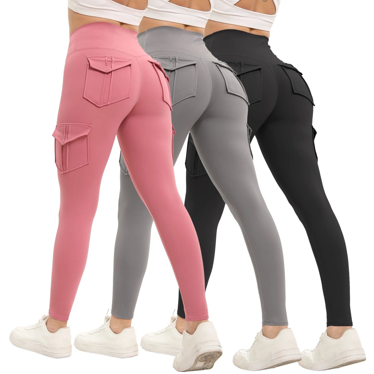 3PCS Women's Solid Color Gym Leggings High Waisted Fitness Yoga Pants Practical Pocket Stretch Outdoors Sports Cargo Styles
