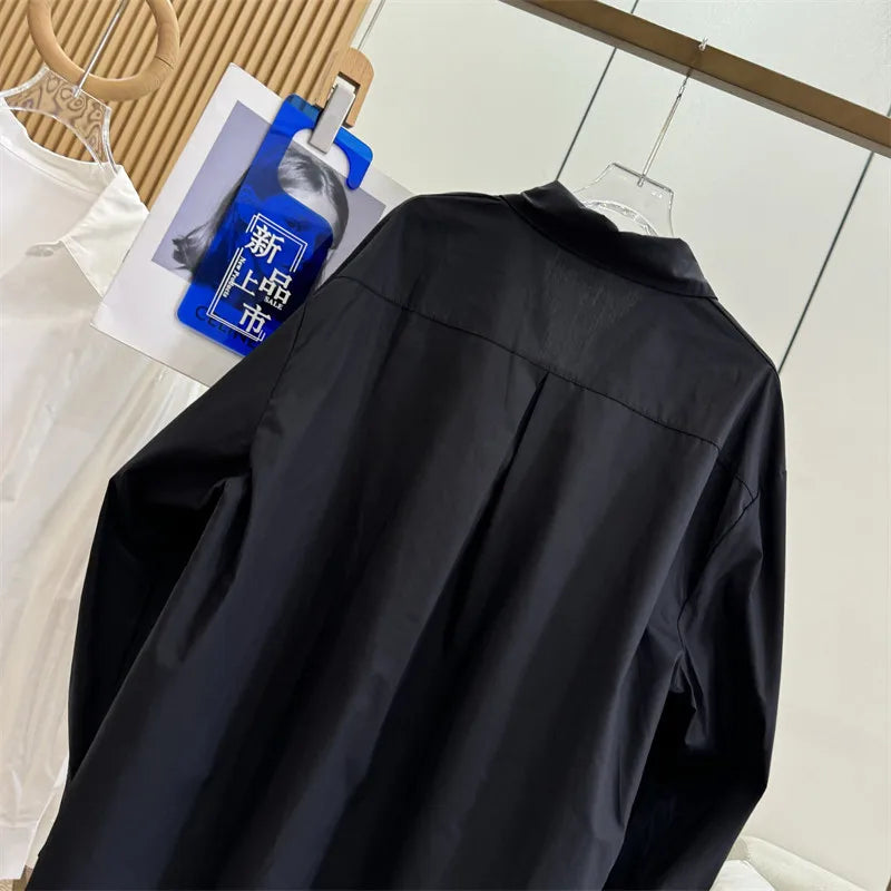 Women's White Shirt Casual Long Sleeve New Loose Buttoned Pleated Solid Color Irregular Lapel Blouses Tops for Female