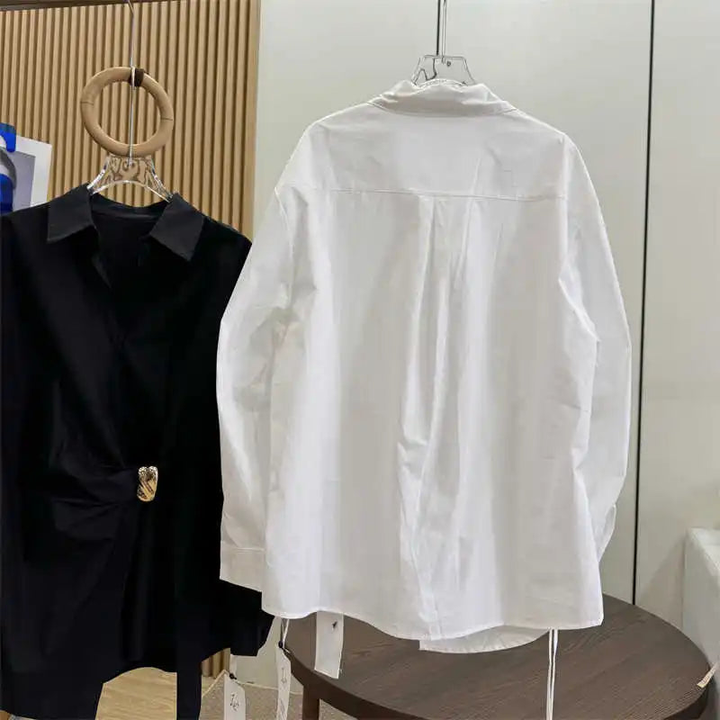 Women's White Shirt Casual Long Sleeve New Loose Buttoned Pleated Solid Color Irregular Lapel Blouses Tops for Female