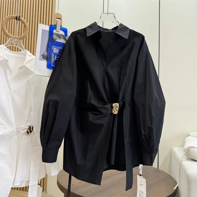 Women's White Shirt Casual Long Sleeve New Loose Buttoned Pleated Solid Color Irregular Lapel Blouses Tops for Female