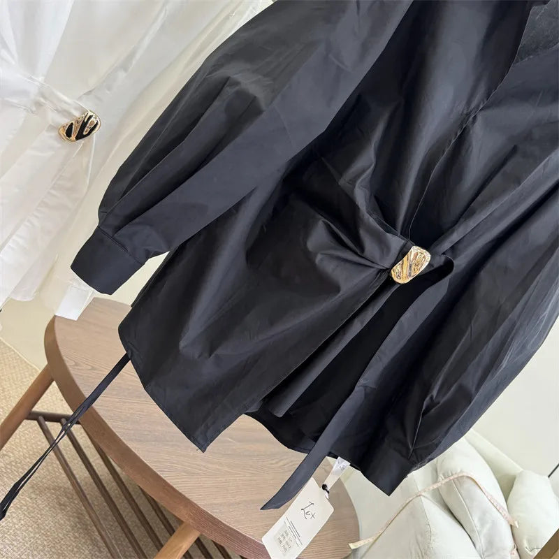 Women's White Shirt Casual Long Sleeve New Loose Buttoned Pleated Solid Color Irregular Lapel Blouses Tops for Female