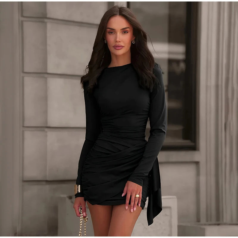 Women Fashion Pleated Bodycon Dress Sexy O-neck Long Sleeve Waist-cinching Irregular Mini Dresses 2026 Lady Chic Party Club Robe