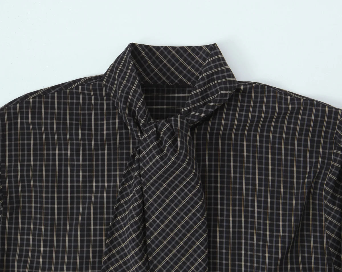 TFMLN 2026 New Women's Retro Plaid Shirt Fashion Simple Casual Loose Long-sleeved Scarf Collar Shirt Lady Single Breasted Top