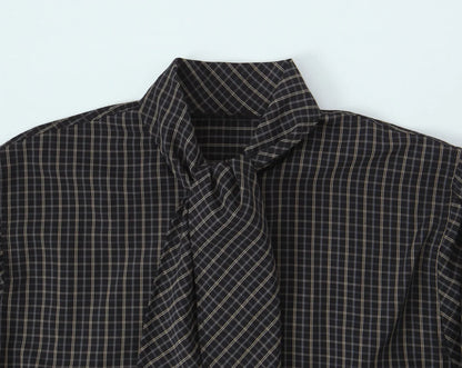 TFMLN 2026 New Women's Retro Plaid Shirt Fashion Simple Casual Loose Long-sleeved Scarf Collar Shirt Lady Single Breasted Top