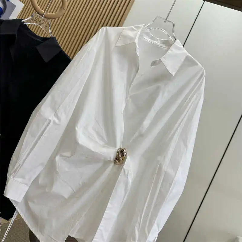 Women's White Shirt Casual Long Sleeve New Loose Buttoned Pleated Solid Color Irregular Lapel Blouses Tops for Female