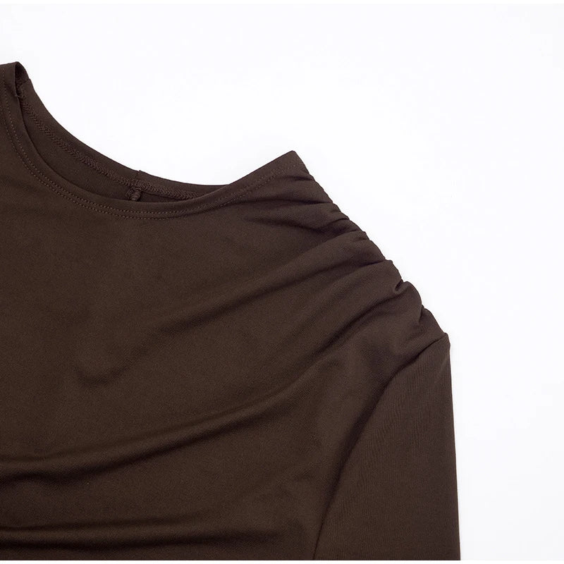 Women Fashion Pleated Bodycon Dress Sexy O-neck Long Sleeve Waist-cinching Irregular Mini Dresses 2026 Lady Chic Party Club Robe