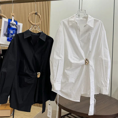 Women's White Shirt Casual Long Sleeve New Loose Buttoned Pleated Solid Color Irregular Lapel Blouses Tops for Female