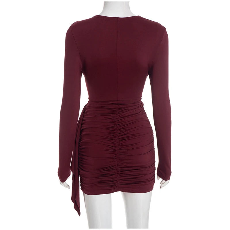 Women Fashion Pleated Bodycon Dress Sexy O-neck Long Sleeve Waist-cinching Irregular Mini Dresses 2026 Lady Chic Party Club Robe