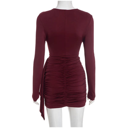Women Fashion Pleated Bodycon Dress Sexy O-neck Long Sleeve Waist-cinching Irregular Mini Dresses 2026 Lady Chic Party Club Robe