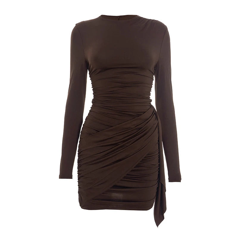 Women Fashion Pleated Bodycon Dress Sexy O-neck Long Sleeve Waist-cinching Irregular Mini Dresses 2026 Lady Chic Party Club Robe