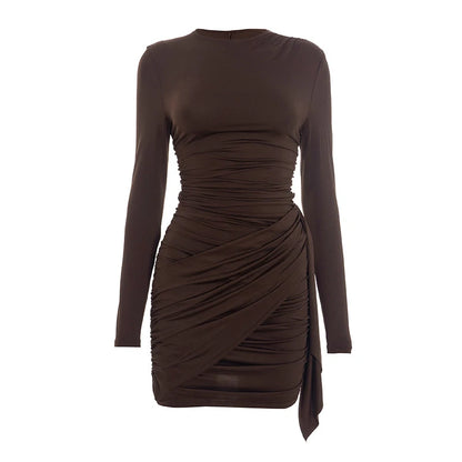 Women Fashion Pleated Bodycon Dress Sexy O-neck Long Sleeve Waist-cinching Irregular Mini Dresses 2026 Lady Chic Party Club Robe
