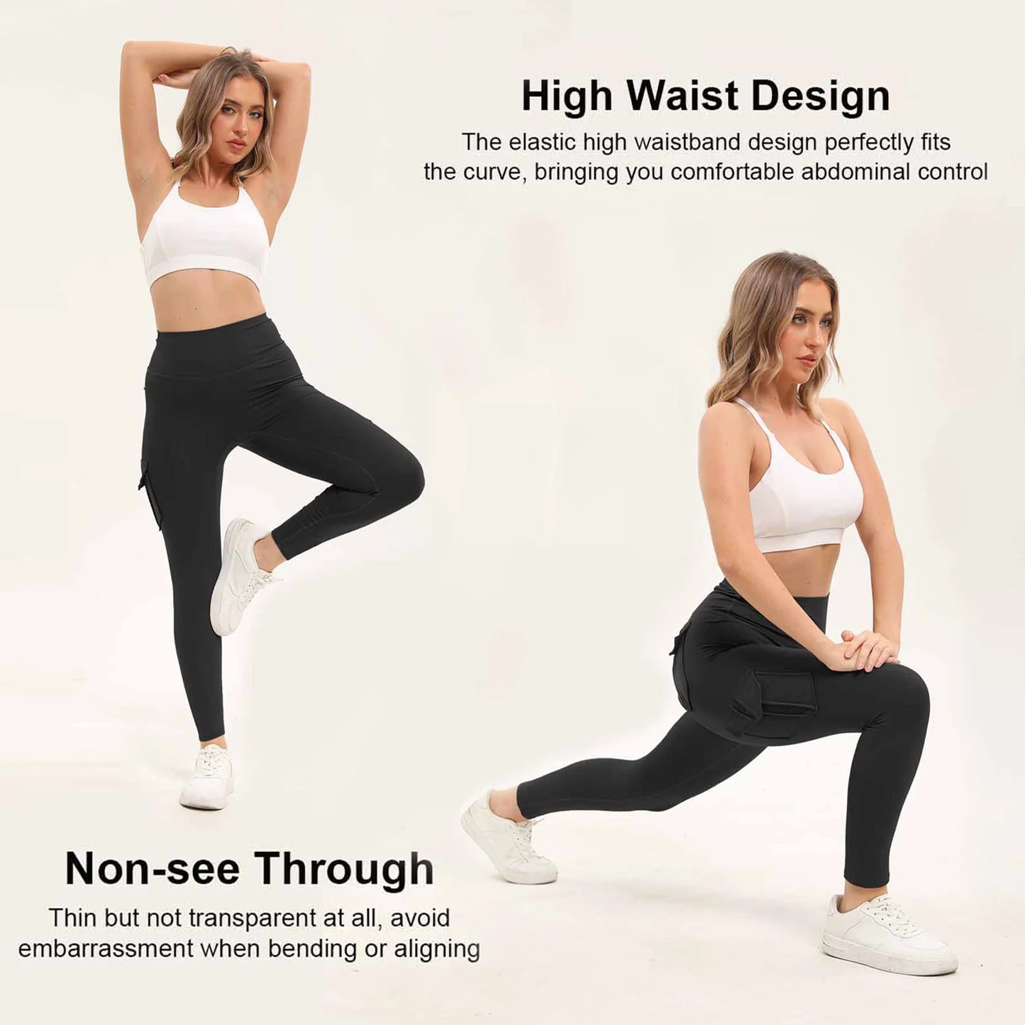 3PCS Women's Solid Color Gym Leggings High Waisted Fitness Yoga Pants Practical Pocket Stretch Outdoors Sports Cargo Styles