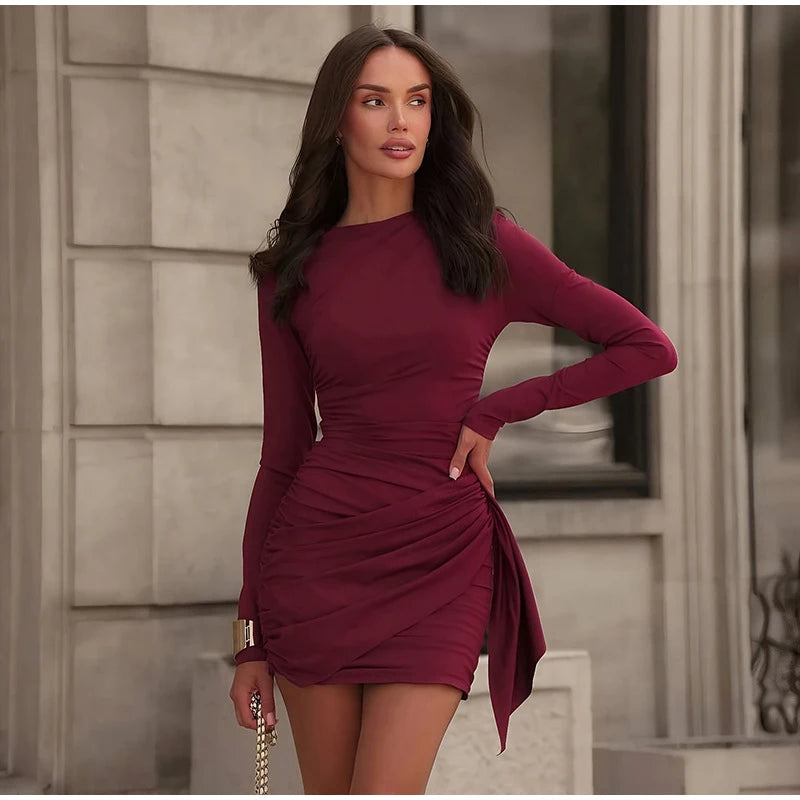 Women Fashion Pleated Bodycon Dress Sexy O-neck Long Sleeve Waist-cinching Irregular Mini Dresses 2026 Lady Chic Party Club Robe