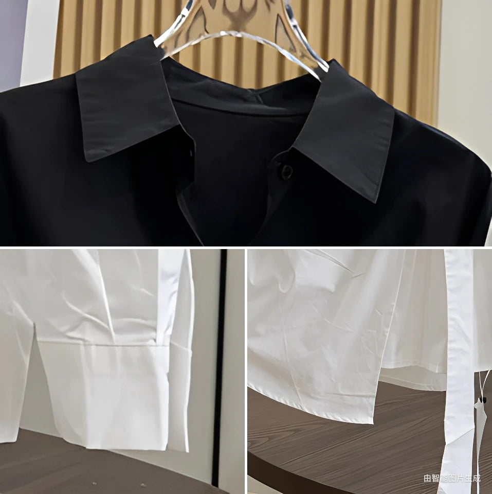 Women's White Shirt Casual Long Sleeve New Loose Buttoned Pleated Solid Color Irregular Lapel Blouses Tops for Female