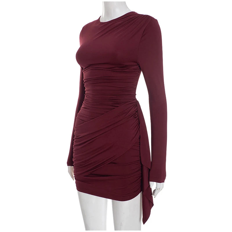 Women Fashion Pleated Bodycon Dress Sexy O-neck Long Sleeve Waist-cinching Irregular Mini Dresses 2026 Lady Chic Party Club Robe