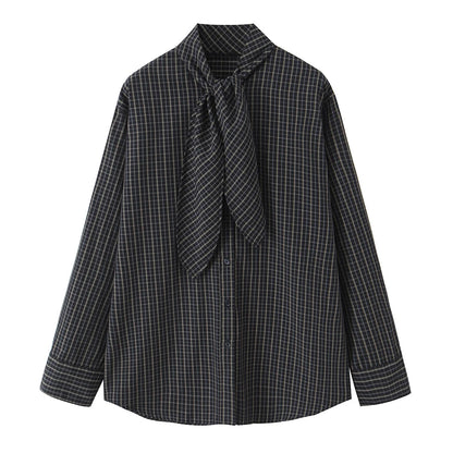 TFMLN 2026 New Women's Retro Plaid Shirt Fashion Simple Casual Loose Long-sleeved Scarf Collar Shirt Lady Single Breasted Top