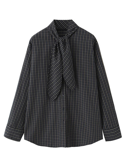 TFMLN 2026 New Women's Retro Plaid Shirt Fashion Simple Casual Loose Long-sleeved Scarf Collar Shirt Lady Single Breasted Top