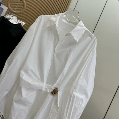 Women's White Shirt Casual Long Sleeve New Loose Buttoned Pleated Solid Color Irregular Lapel Blouses Tops for Female