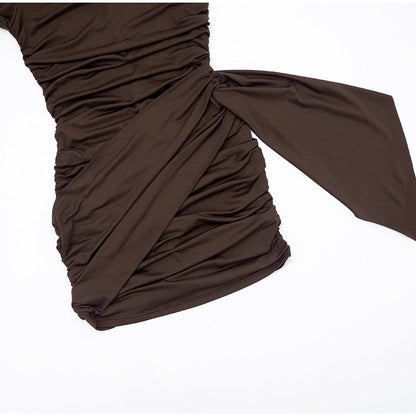 Women Fashion Pleated Bodycon Dress Sexy O-neck Long Sleeve Waist-cinching Irregular Mini Dresses 2026 Lady Chic Party Club Robe