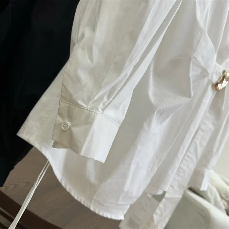 Women's White Shirt Casual Long Sleeve New Loose Buttoned Pleated Solid Color Irregular Lapel Blouses Tops for Female