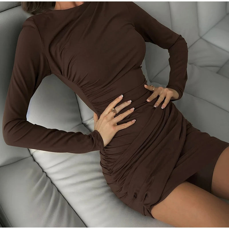 Women Fashion Pleated Bodycon Dress Sexy O-neck Long Sleeve Waist-cinching Irregular Mini Dresses 2026 Lady Chic Party Club Robe