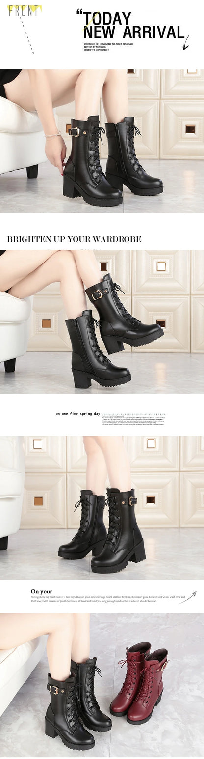 WOIZGIC Female Mother Ladies Women's Snow Genuine Leather Ankle Shoes Boots Warm Fur Plush Wool Zipper Lace Motorcycle Mid Calf