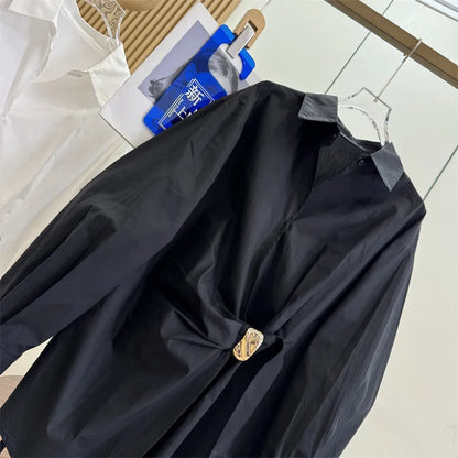 Women's White Shirt Casual Long Sleeve New Loose Buttoned Pleated Solid Color Irregular Lapel Blouses Tops for Female