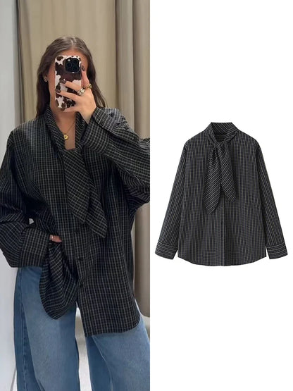 TFMLN 2026 New Women's Retro Plaid Shirt Fashion Simple Casual Loose Long-sleeved Scarf Collar Shirt Lady Single Breasted Top