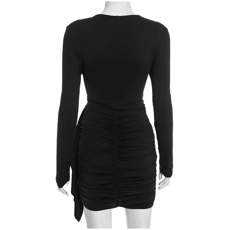 Women Fashion Pleated Bodycon Dress Sexy O-neck Long Sleeve Waist-cinching Irregular Mini Dresses 2026 Lady Chic Party Club Robe