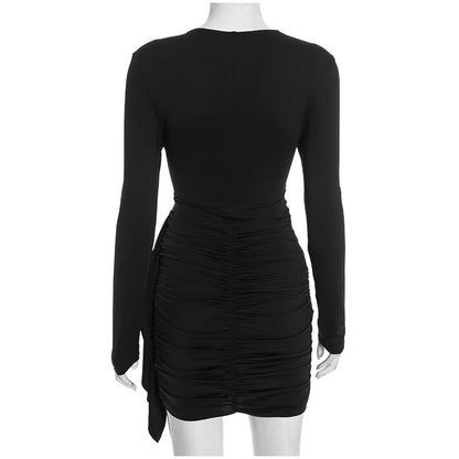 Women Fashion Pleated Bodycon Dress Sexy O-neck Long Sleeve Waist-cinching Irregular Mini Dresses 2026 Lady Chic Party Club Robe