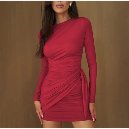 Women Fashion Pleated Bodycon Dress Sexy O-neck Long Sleeve Waist-cinching Irregular Mini Dresses 2026 Lady Chic Party Club Robe