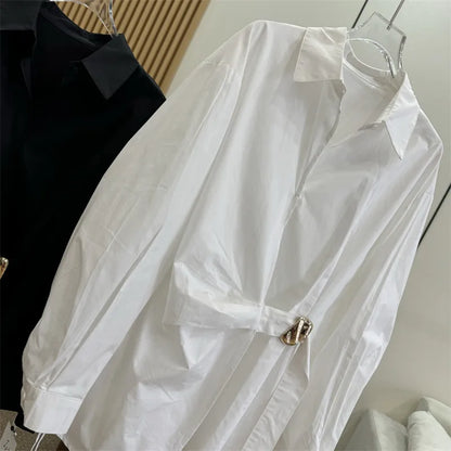 Women's White Shirt Casual Long Sleeve New Loose Buttoned Pleated Solid Color Irregular Lapel Blouses Tops for Female