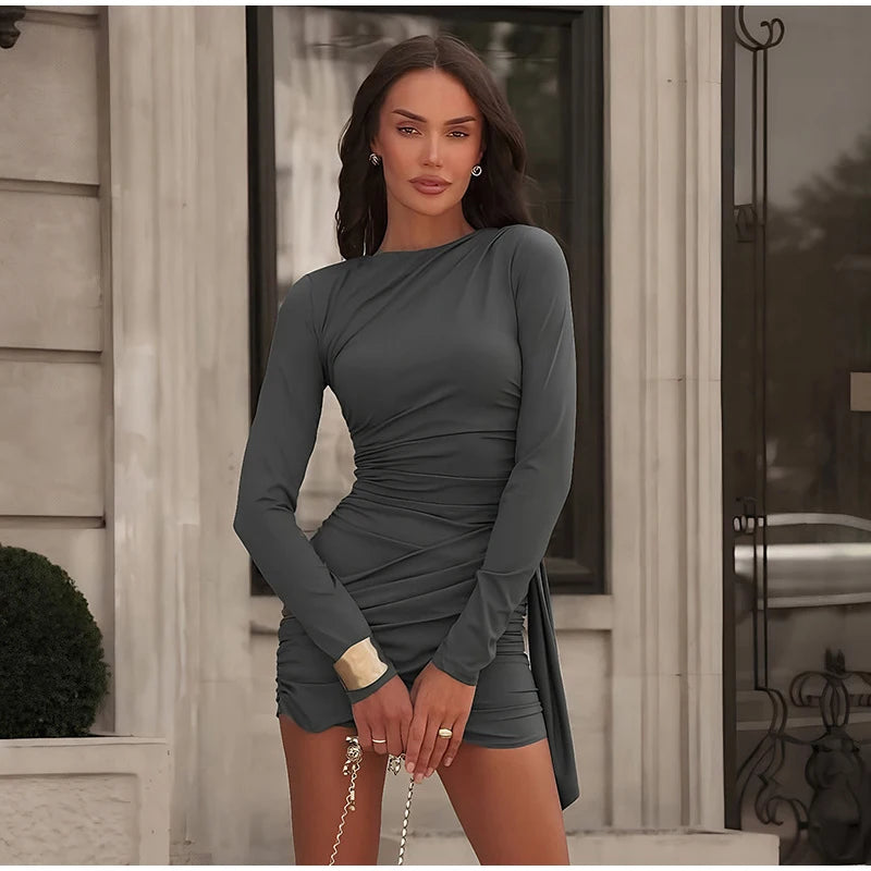 Women Fashion Pleated Bodycon Dress Sexy O-neck Long Sleeve Waist-cinching Irregular Mini Dresses 2026 Lady Chic Party Club Robe