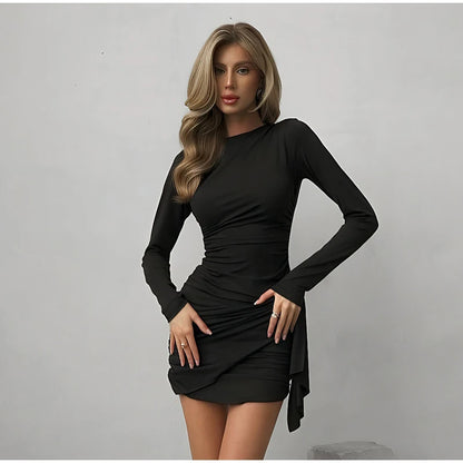 Women Fashion Pleated Bodycon Dress Sexy O-neck Long Sleeve Waist-cinching Irregular Mini Dresses 2026 Lady Chic Party Club Robe