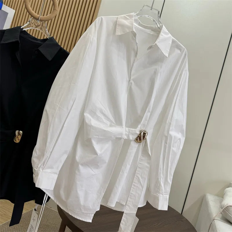Women's White Shirt Casual Long Sleeve New Loose Buttoned Pleated Solid Color Irregular Lapel Blouses Tops for Female