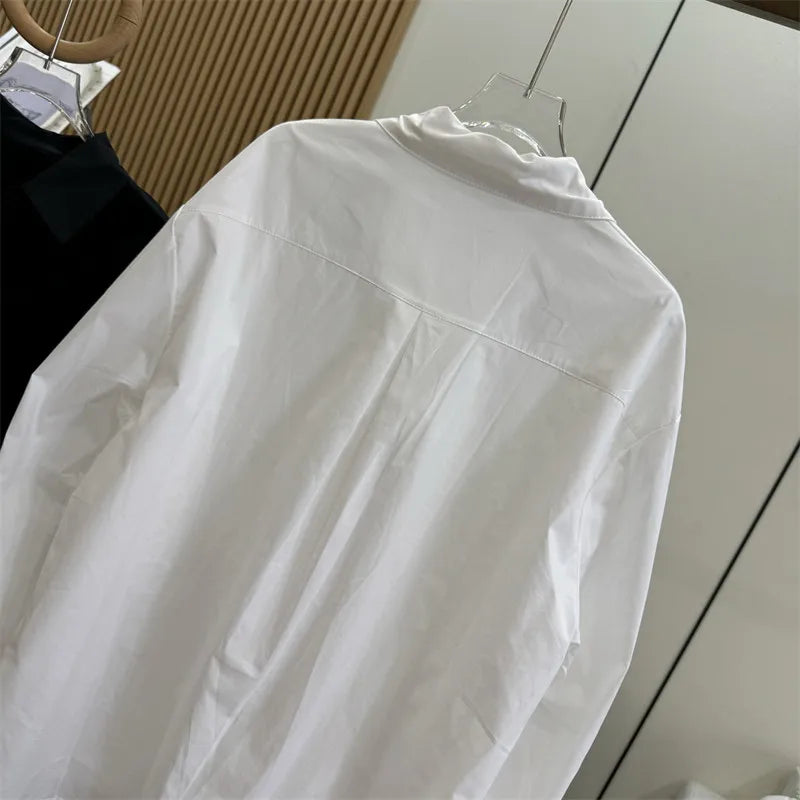 Women's White Shirt Casual Long Sleeve New Loose Buttoned Pleated Solid Color Irregular Lapel Blouses Tops for Female