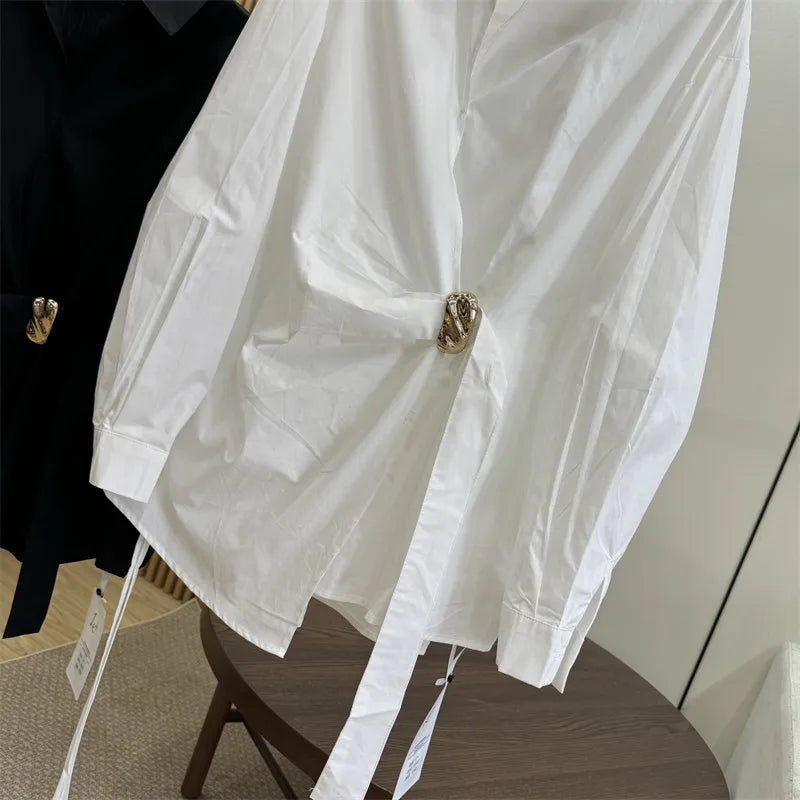 Women's White Shirt Casual Long Sleeve New Loose Buttoned Pleated Solid Color Irregular Lapel Blouses Tops for Female