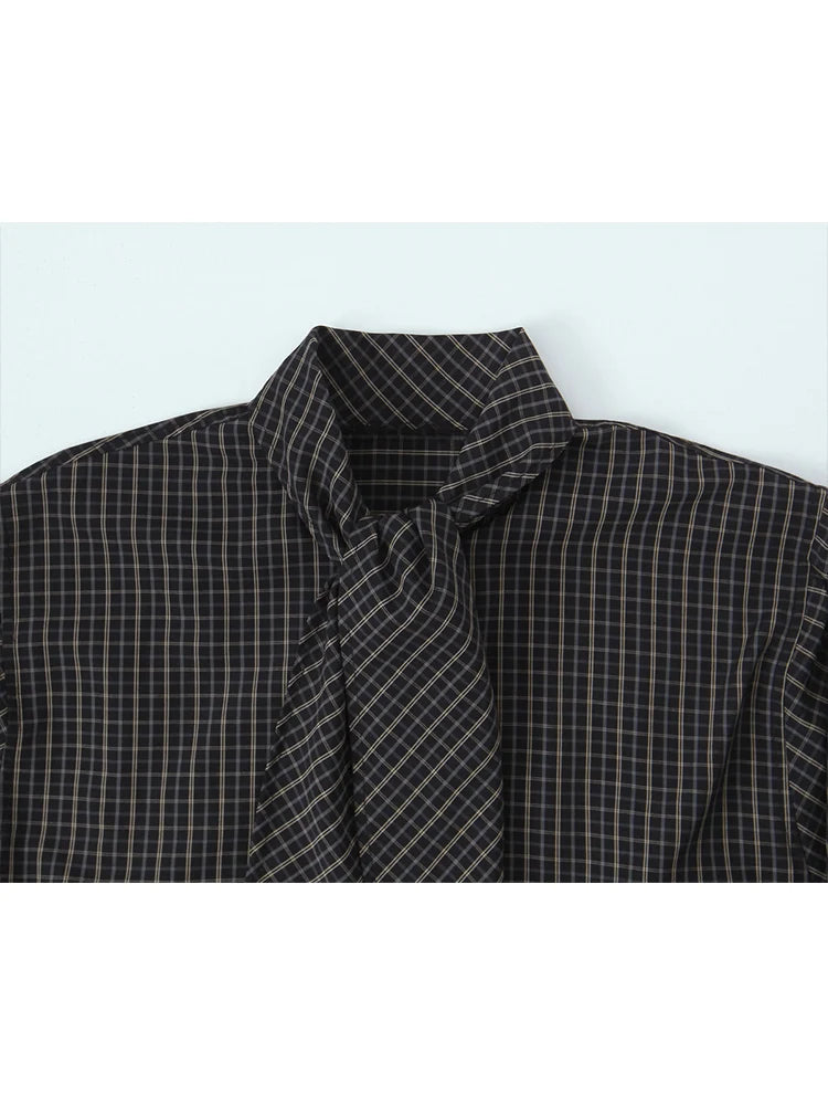 TFMLN 2026 New Women's Retro Plaid Shirt Fashion Simple Casual Loose Long-sleeved Scarf Collar Shirt Lady Single Breasted Top
