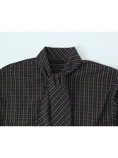 TFMLN 2026 New Women's Retro Plaid Shirt Fashion Simple Casual Loose Long-sleeved Scarf Collar Shirt Lady Single Breasted Top