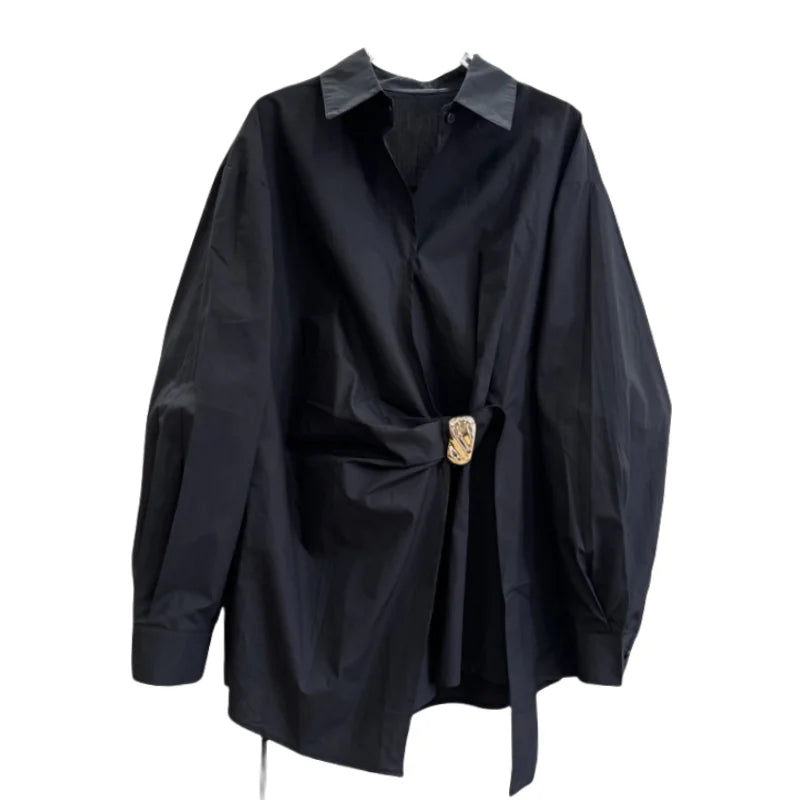 Women's White Shirt Casual Long Sleeve New Loose Buttoned Pleated Solid Color Irregular Lapel Blouses Tops for Female