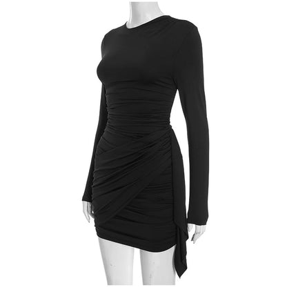 Women Fashion Pleated Bodycon Dress Sexy O-neck Long Sleeve Waist-cinching Irregular Mini Dresses 2026 Lady Chic Party Club Robe
