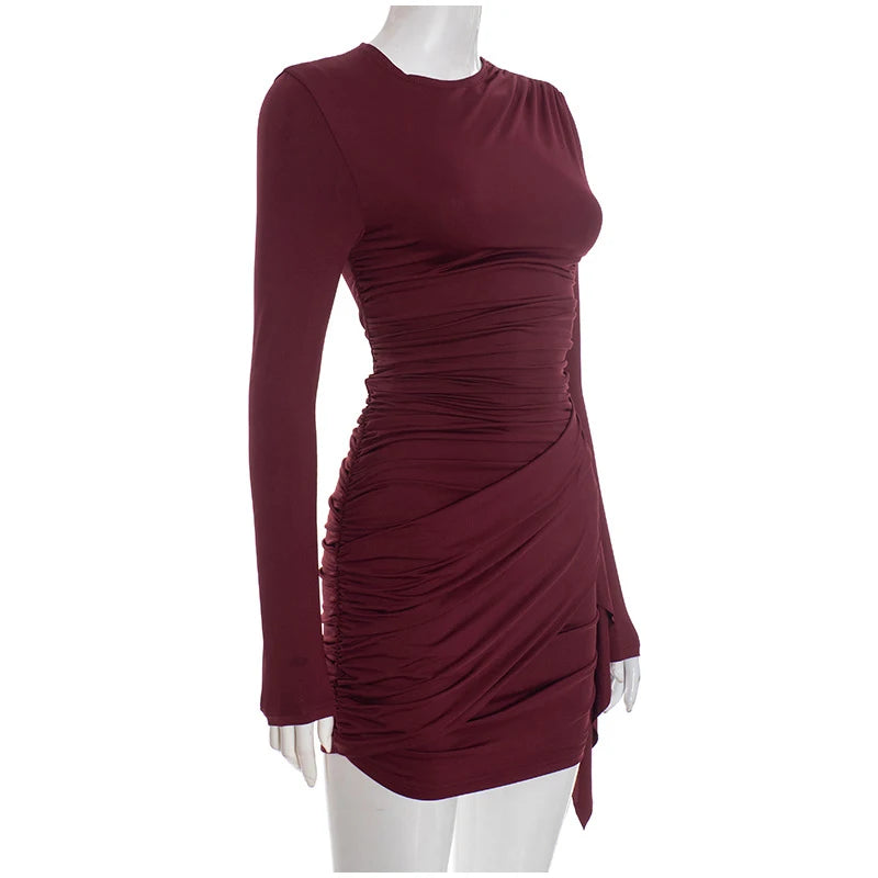 Women Fashion Pleated Bodycon Dress Sexy O-neck Long Sleeve Waist-cinching Irregular Mini Dresses 2026 Lady Chic Party Club Robe