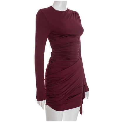 Women Fashion Pleated Bodycon Dress Sexy O-neck Long Sleeve Waist-cinching Irregular Mini Dresses 2026 Lady Chic Party Club Robe